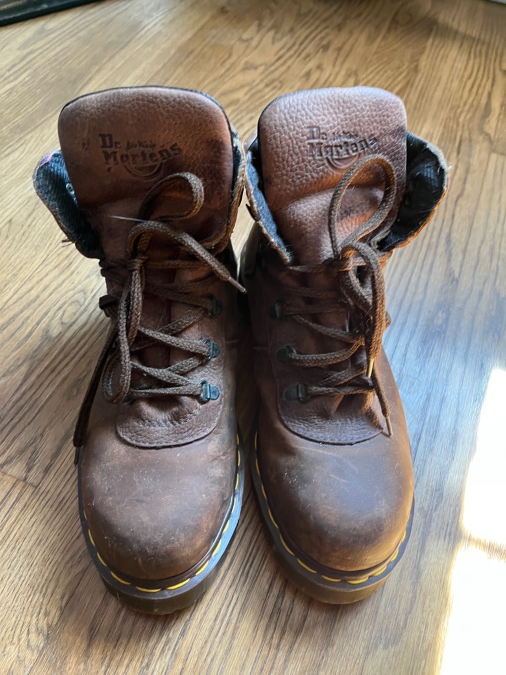 Dr. Martens Brown Leather steal  toe Lace-Up Boots with Yellow Welt Stitching